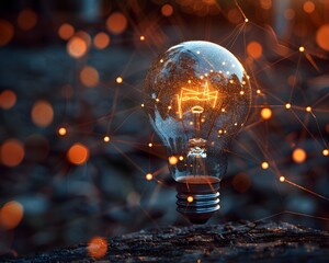Poster - Lightbulb Surrounded by a Web of Connected Ideas and Concepts Representing Brainstorming and Creative Thinking