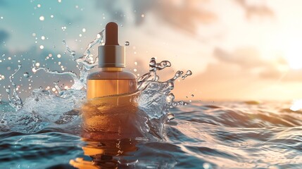 Poster - serum bottle in water with splashes and waves : Generative AI