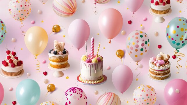 Birthday party pattern with balloons and cakes seamless background