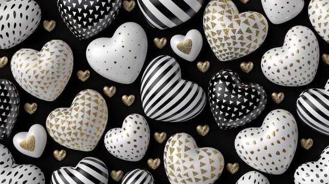 Black and white hearts with modern geometric shapes, seamless background