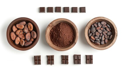 Poster - Chocolate ingredients in wooden bowls cocoa beans chocolate mass cocoa powder chocolate bars Flat lay isolated on white background : Generative AI