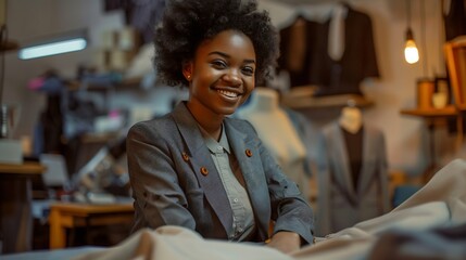 Aufkleber - Fashion industry black woman and designer portrait of clothing tailor with business vision Smile startup and small business entrepreneur with happiness and business growth feeling work : Generative AI