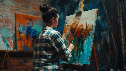 Poster - Talented Female Artist Energetically Draws with Paint Brush She Creates Modern Masterpiece of the Oil Painting Creative Studio with Large Canvas of Striking Colors : Generative AI