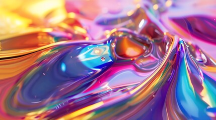 Poster - A complex interplay of rainbow colors creates a liquidlike abstraction on a 3d glass surface with warped and stretched light : Generative AI