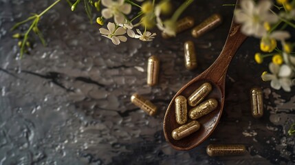 Aufkleber - Herbal capsules in wooden spoon Natural herbs Alternative Medicine Herbal supplement : Generative AI
