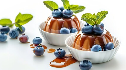 Aufkleber - Delicious pudding with caramel blueberries and mint isolated on white : Generative AI