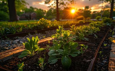 Poster - A garden with plants and a sun shining on it. The garden is in a sunny area