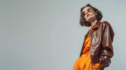 Poster - Stylish sunglasses Haute couture collection Beautiful fashion model girl posing in a designer brown leather jacket blouse and orange wide leg pants Studio shot on a gray background : Generative AI