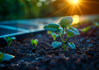 A small plant is growing in the dirt. The plant is surrounded by other plants and the dirt is dark