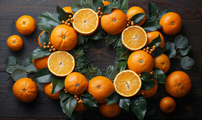 Wall Mural - A wreath of oranges and leaves on a wooden table. The oranges are in various stages of ripeness, with some still green and others already orange.