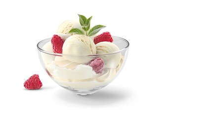 Poster - Glass dessert bowl with tasty vanilla ice cream isolated on white : Generative AI