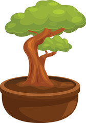 Wall Mural - Small bonsai tree with a thick trunk and lush green leaves is growing in a clay pot