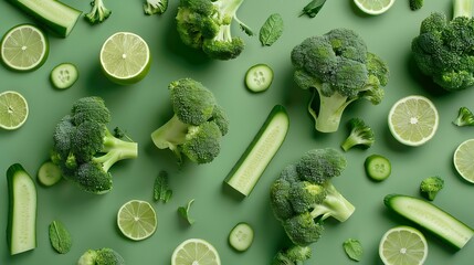 Poster - Creative layout made of broccoli cucumber and lime on the green background Food concept Macro concept : Generative AI