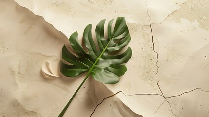 Aufkleber - Tropical dry leaf product presentation with Cracked stone  Natural beige background Studio Minimal showcase for cosmetic or skin care design template : Generative AI