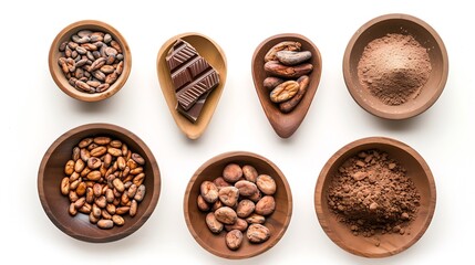 Poster - Chocolate ingredients in wooden bowls cocoa beans chocolate mass cocoa powder chocolate bars Flat lay isolated on white background : Generative AI