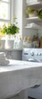 © Karn AS Images - Laundry room interior, white table with pristine tablecloth, blurred background, bright light, clear copy space for design and ads, simple and clean