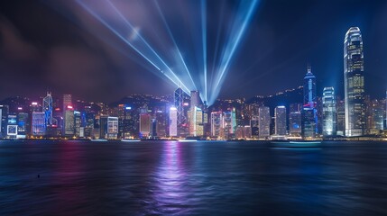 Poster - Beautiful light trials effect on Hong Kong skyscape at night : Generative AI