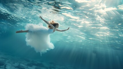 Magic and mystery hidden beneath the ocean Elegant young girl levitating underwater finding peace and calmness Concept of surrealism beauty mystery and fantasy freedom : Generative AI