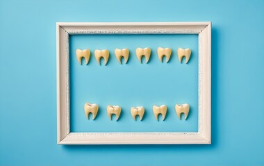 Wall Mural - Dental model teeth on blue. Frame with copy space