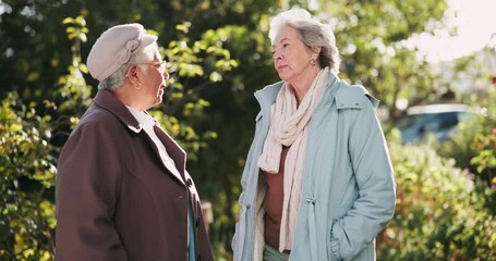 Poster - Senior women, friends and talking in garden with bonding at retirement or nursing home. Diversity, relationship and smile or happy at park for people as pensioners with fun, support and care