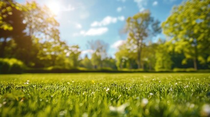 Poster - Beautiful blurred background image of spring nature with a neatly trimmed lawn surrounded by trees against a blue sky with clouds on a bright sunny day : Generative AI