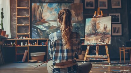 Poster - Back view of talented concentrated Caucasian woman professional artist sitting on floor in studio in evening painting drawing on big canvas creativity work contemporary creative painte : Generative AI