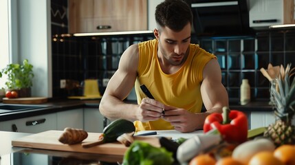 Wall Mural - Cropped image of handsome young sportsman making notes while preparing sport nutrition in kitchen at home : Generative AI