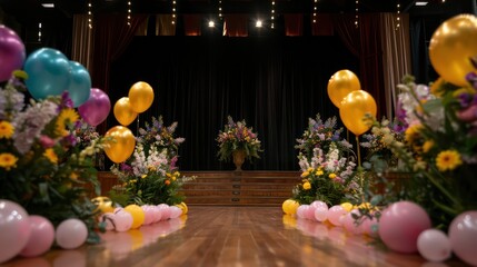 Aufkleber - A stage is decorated with a variety of flowers and balloons. The balloons are in different colors and sizes, and the flowers are arranged in vases. The scene gives off a festive and celebratory mood