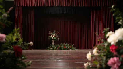Poster - A stage with a red curtain and a vase of flowers on it