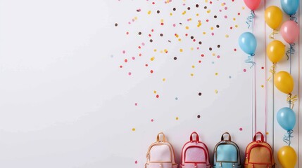 Sticker - A colorful display of backpacks and balloons. The backpacks are in various colors and sizes, and the balloons are in different colors and sizes as well. The scene is lively and festive