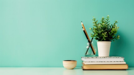 Aufkleber - A white potted plant sits on a table next to a stack of books and a bowl. Concept of organization and productivity, as the books and plant are neatly arranged on the table