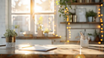 Poster - A table with a jar of white paint and a notebook with a pen on it. The scene is bright and sunny, with a potted plant in the background. Scene is calm and creative
