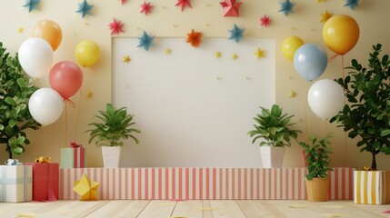 Poster - A room with a white wall and a large number of balloons and plants. The balloons are in various colors and sizes, and the plants are placed around the room. Scene is festive and celebratory