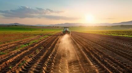Poster - A tractor is driving through a field of dirt. The sun is setting in the background, casting a warm glow over the scene. The tractor is spraying the field with fertilizer, preparing it for planting