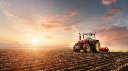 Poster - A red tractor is driving through a field of crops. The sky is a mix of orange and blue, with a few clouds scattered throughout. Concept of hard work and productivity