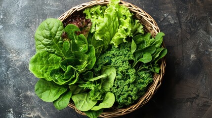 Poster - A basket of greens including lettuce, spinach, and kale. The basket is on a dark surface