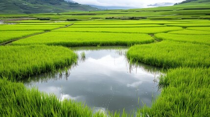 Poster - A large body of water is surrounded by lush green grass. The water is calm and still, reflecting the sky above. The scene is peaceful and serene, with the water