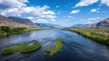 Aufkleber - A river with a blue sky in the background. The water is calm and clear. The mountains in the background are covered in trees