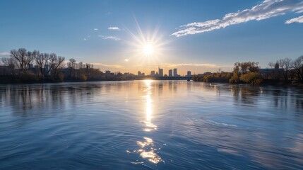 Aufkleber - A beautiful blue lake with a sun shining on it. The sun is reflecting on the water, creating a serene and peaceful atmosphere