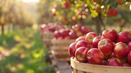 Poster - A basket full of red apples is sitting on a wooden platform. The apples are ripe and ready to be picked