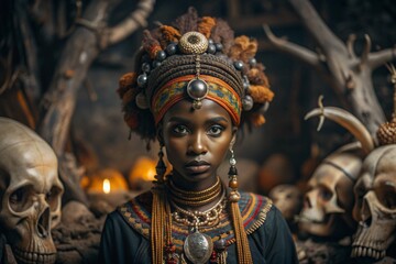 Wall Mural - A beautiful black African girl in a traditional African national costume. Against the background of bones. The portrait symbolizes the traditions, culture and beauty of the African people.