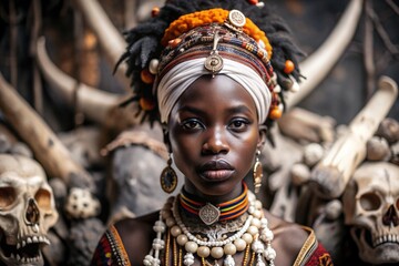 Wall Mural - A beautiful black African girl in a traditional African national costume. Against the background of bones. The portrait symbolizes the traditions, culture and beauty of the African people.