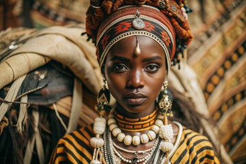 Wall Mural - A beautiful black African girl in a traditional African national costume. Against the background of bones. The portrait symbolizes the traditions, culture and beauty of the African people.