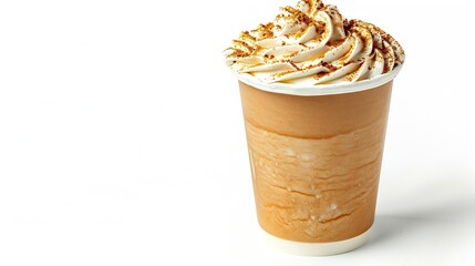Poster - pumpkin latte coffee drink in take away cup decorated with whipped cream and cinnamon isolated on white background : Generative AI