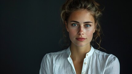 Captivating Gaze:  A woman with piercing blue eyes and a captivating gaze, her natural beauty is accentuated by the soft lighting and simple white blouse.