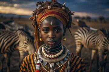 Wall Mural - A beautiful black African girl in a traditional African national costume. Against the background of a zebra. The portrait symbolizes the traditions and beauty of the African people.