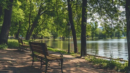 Fototapete - Nice city park by the lake : Generative AI