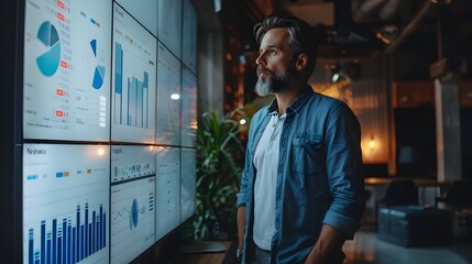 Poster - Confident Businessman Reviewing Financial Data on Large Digital Screen for Business Success