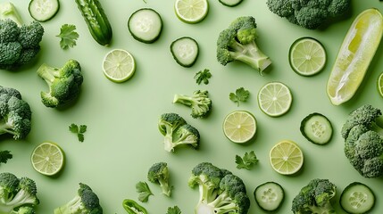 Poster - Creative layout made of broccoli cucumber and lime on the green background Food concept Macro concept : Generative AI