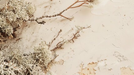 Aufkleber - Abstract north nature scene with a composition of lichen pine branches and dry snags Beige background for cosmetics beauty product branding identity and packaging Copy space : Generative AI